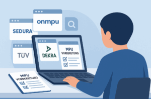 llustration mit Laptop, geöffneten Fenstern zu verschiedenen Anbietern und einer Checkliste zur MPU Vorbereitung