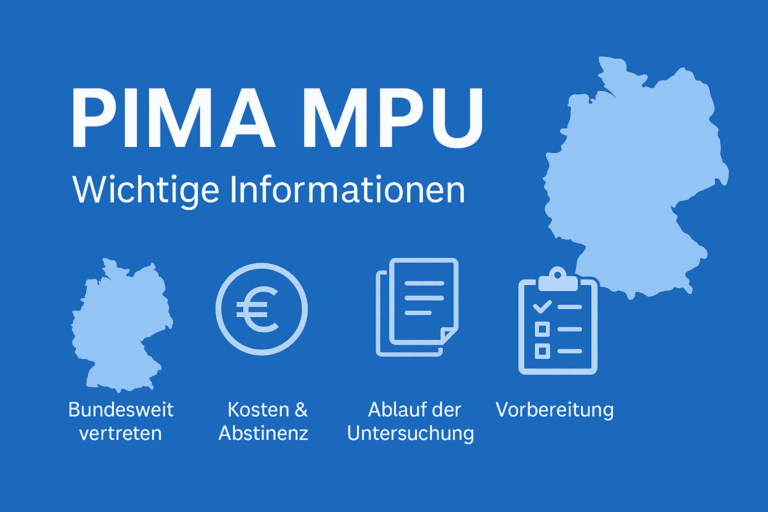 PIMA MPU: Titelbild mit Symbolen zu Standorten, Kosten, Gutachten und Abstinenz.