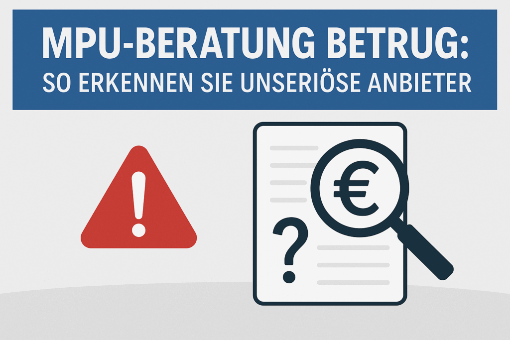 Titelbild zum Blogbeitrag MPU-Beratung Betrug mit Symbolen für Warnung, Führerschein