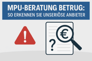 Titelbild zum Blogbeitrag MPU-Beratung Betrug mit Symbolen für Warnung, Führerschein