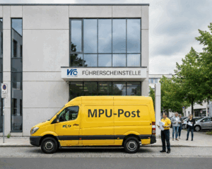 Ein gelbes Postauto mit der Aufschrift 'MPU-Post' steht vor einer Führerscheinstelle. Ein Postbote steht daneben mit Unterlagen.