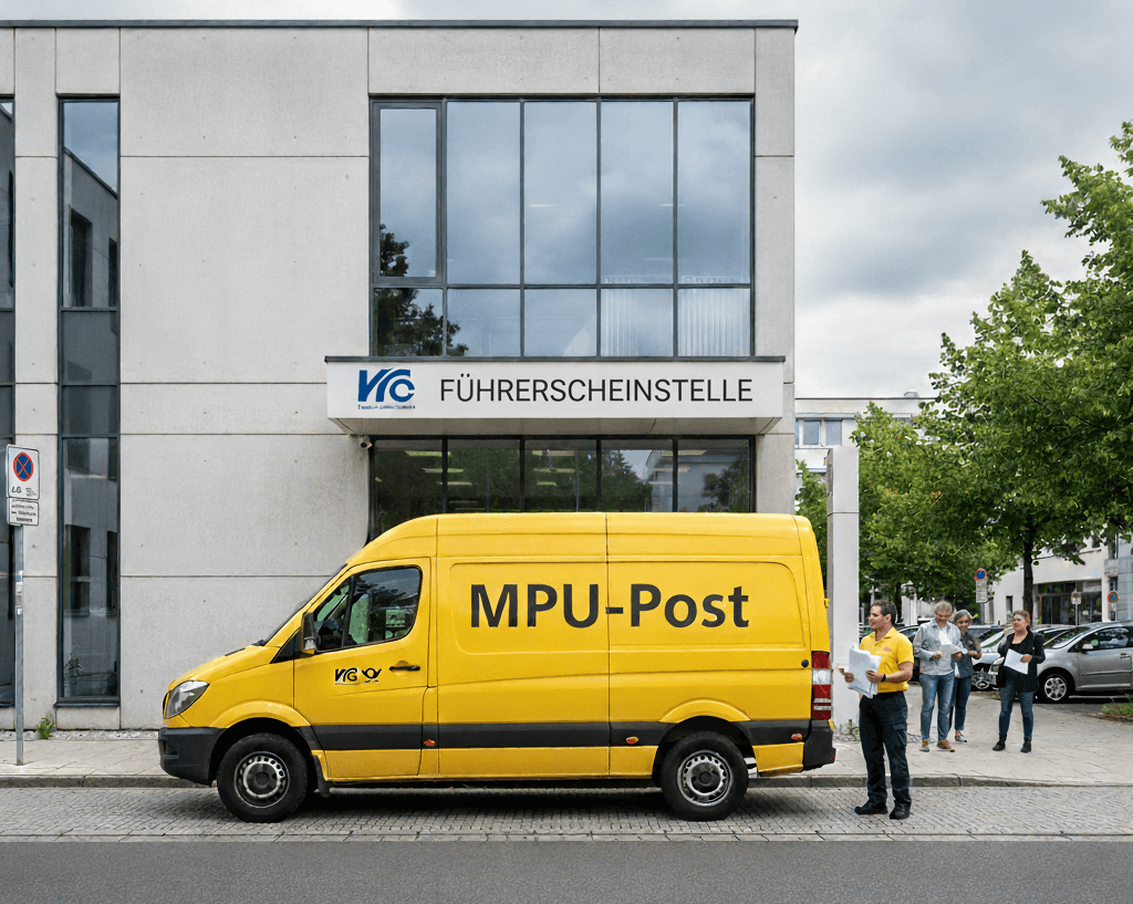 Ein gelbes Postauto mit der Aufschrift 'MPU-Post' steht vor einer Führerscheinstelle. Ein Postbote steht daneben mit Unterlagen.