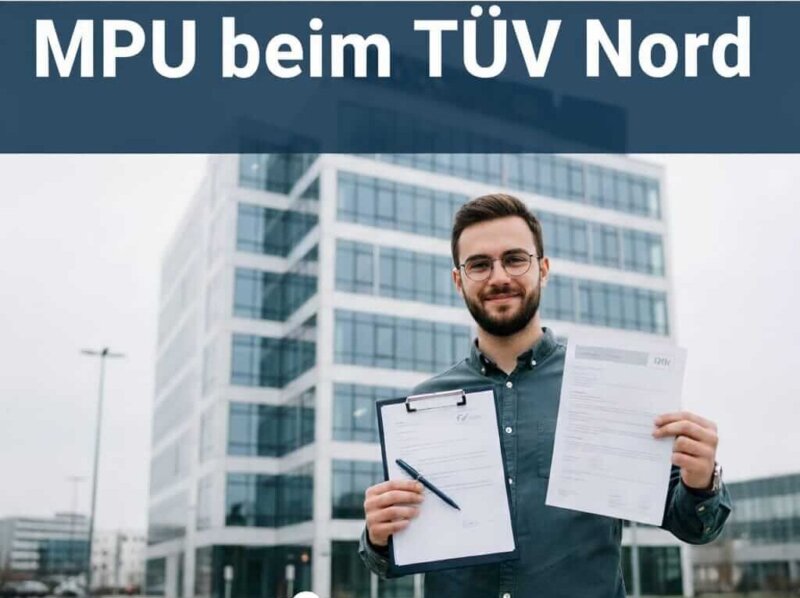 Bild mit einem Mann mit zwei Dokumenten vor dem Gebäude des TÜV Nord