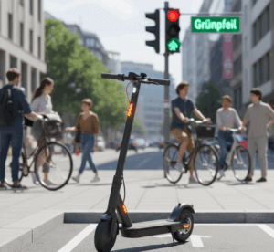 Schwarzer E-Scooter mit integrierten Blinkern parkt vorschriftsgemäß in einer markierten Parking Zone; im Hintergrund eine grüne Ampel mit Grünpfeil-Zusatzschild und Radfahrer.