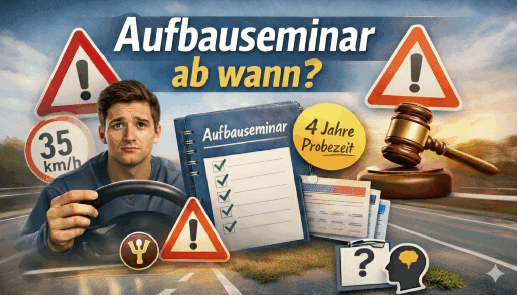 Illustration eines jungen Autofahrers in der Probezeit am Steuer mit Warnschildern, Fahrverbotssymbolen und rechtlichen Elementen, die die Folgen von Verkehrsverstößen und die Anordnung eines Aufbauseminars darstellen.