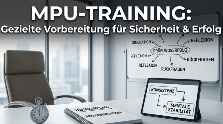 MPU-Training und Vorbereitung auf das psychologische Gespräch: Notizen und Symbole für mentale Stabilität und Sicherheit in der Prüfungssituation.