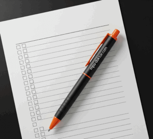 Ein Kugelschreiber auf einem Notizblock, der eine Checkliste beinhaltet.